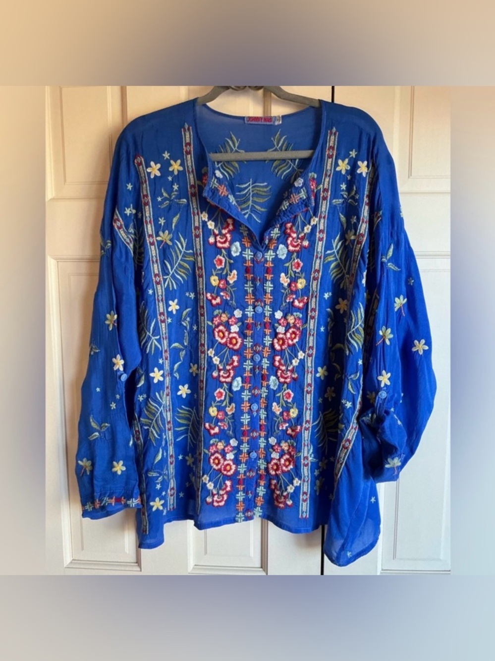 Johnny Was Blue Floral Embroidered Boho Tunic